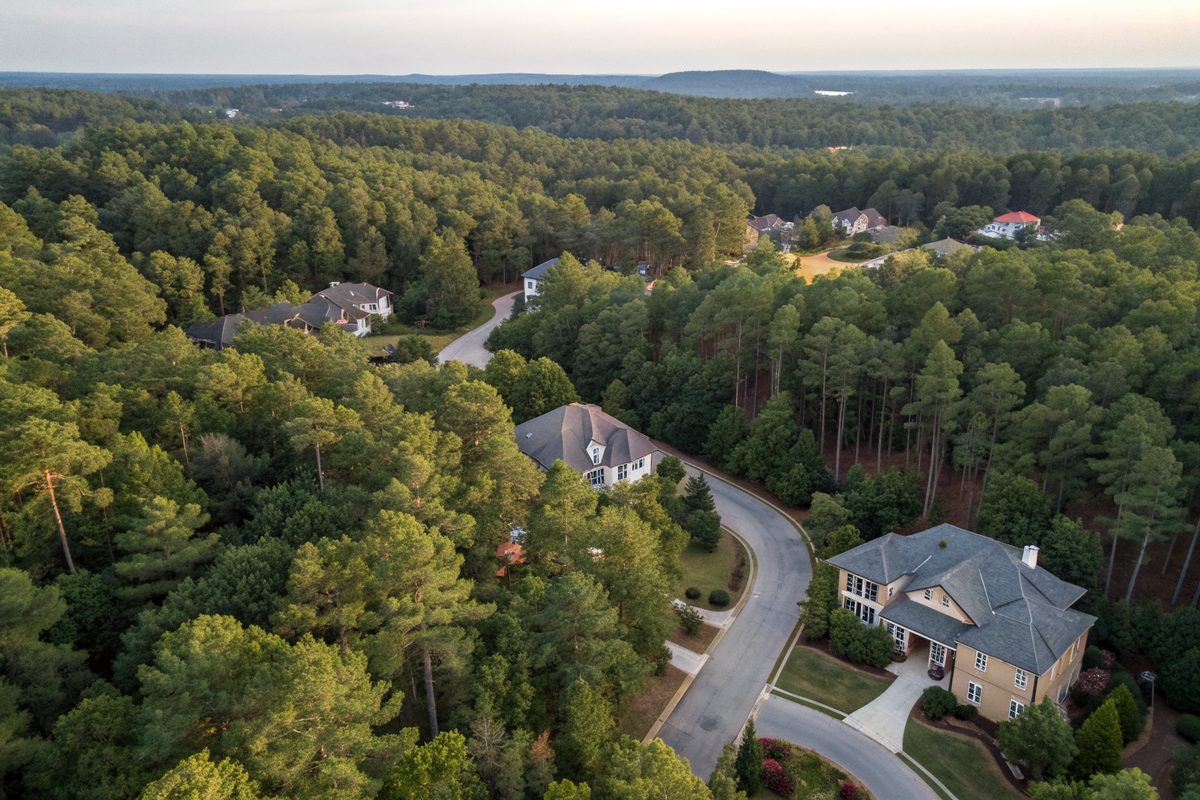 Aerial view of shingle roofs under a dense canopy of pines and hardwoods