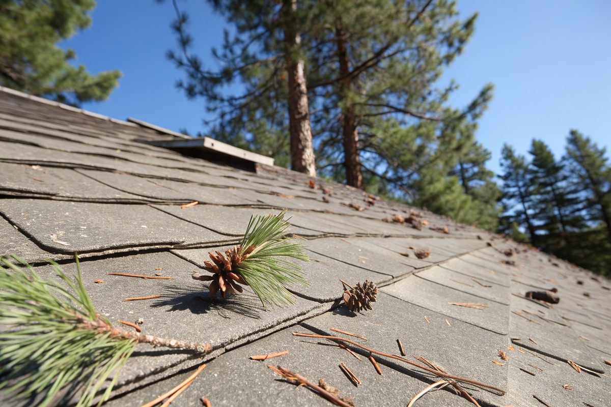 Close view of new architectural shingles with a few pine needles under tall pines