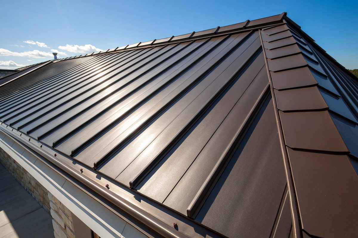 Close view of dark bronze standing-seam metal roof panels in sunlight