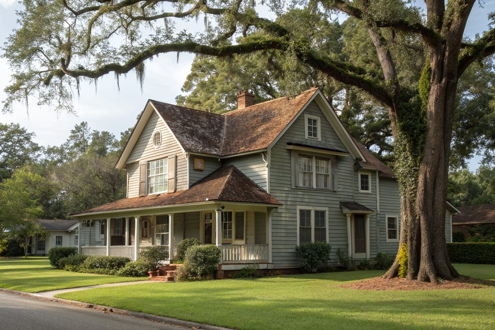 A two-story craftsman home with an aging brown shingle roof and a large oak