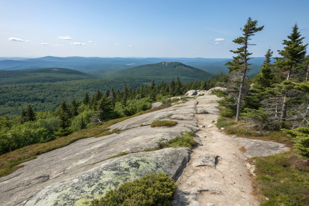 A path across a bare granite outcrop with small pines and a view of wooded hills