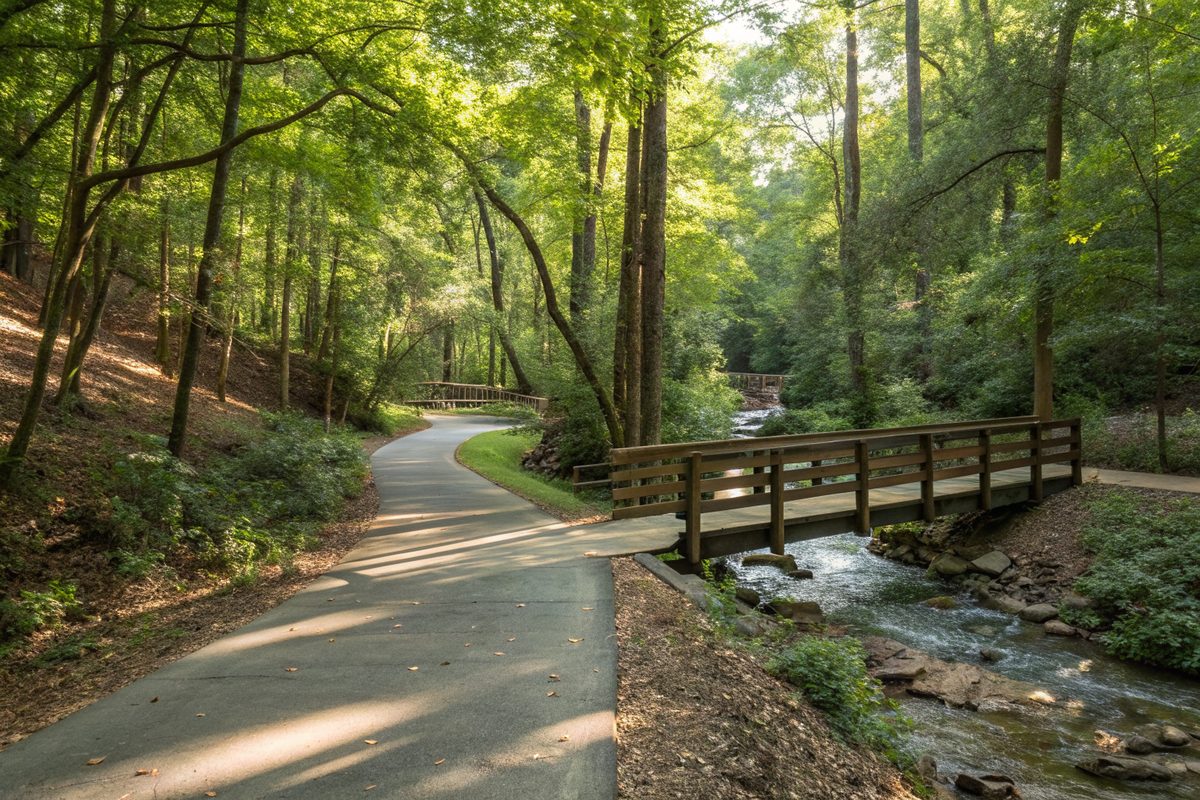 A paved greenway and small wooden bridge along a creek through green woods