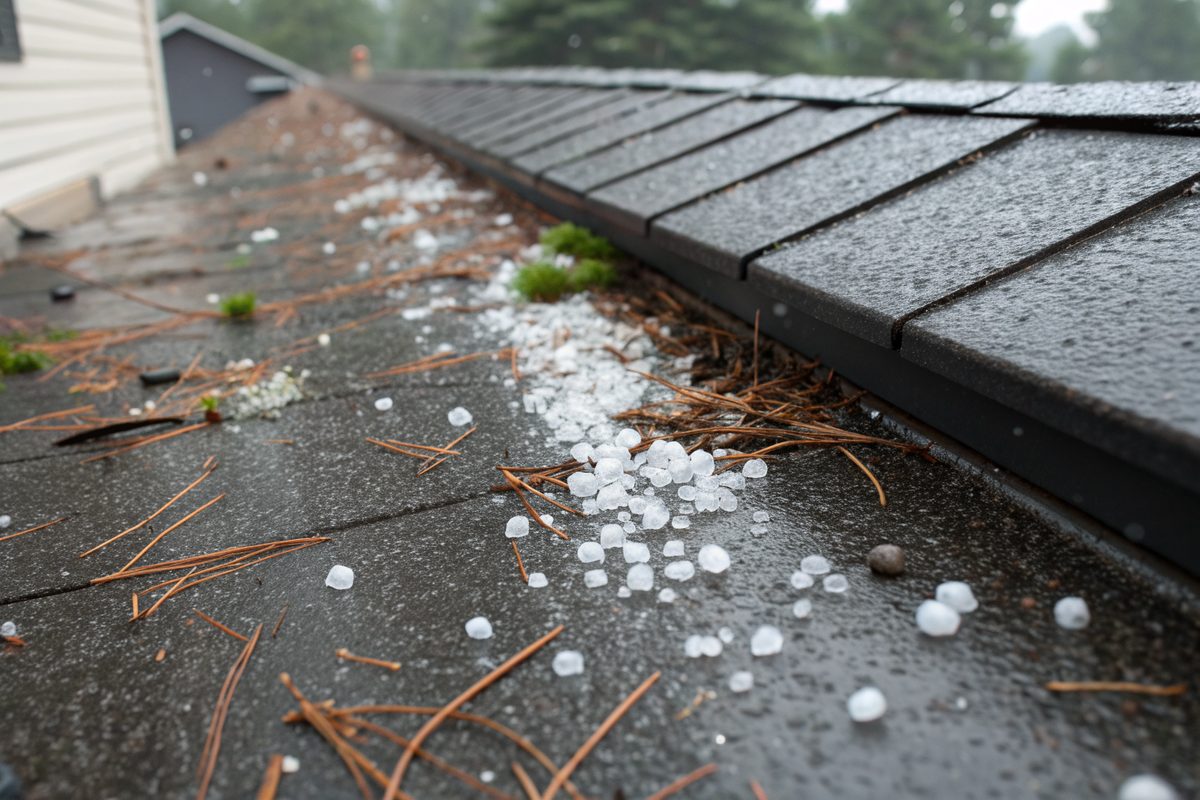 Small hailstones and pine needles in a gutter and on dark shingles after a storm