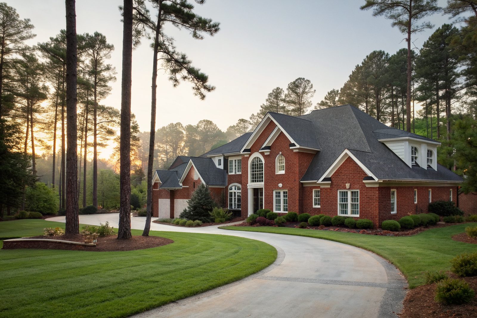 A two-story red brick traditional home with a charcoal shingle roof and tall pines