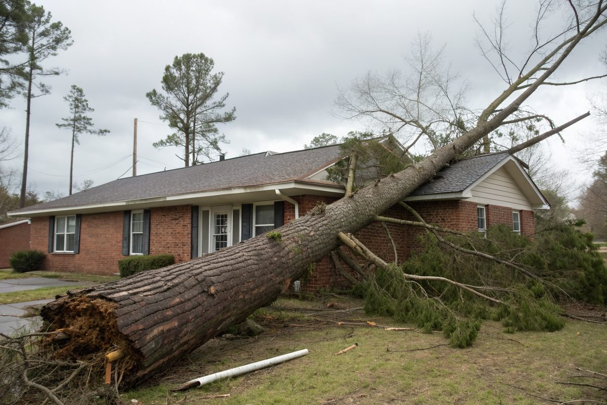 A fallen pine trunk resting across the roof of a brick ranch house after a storm