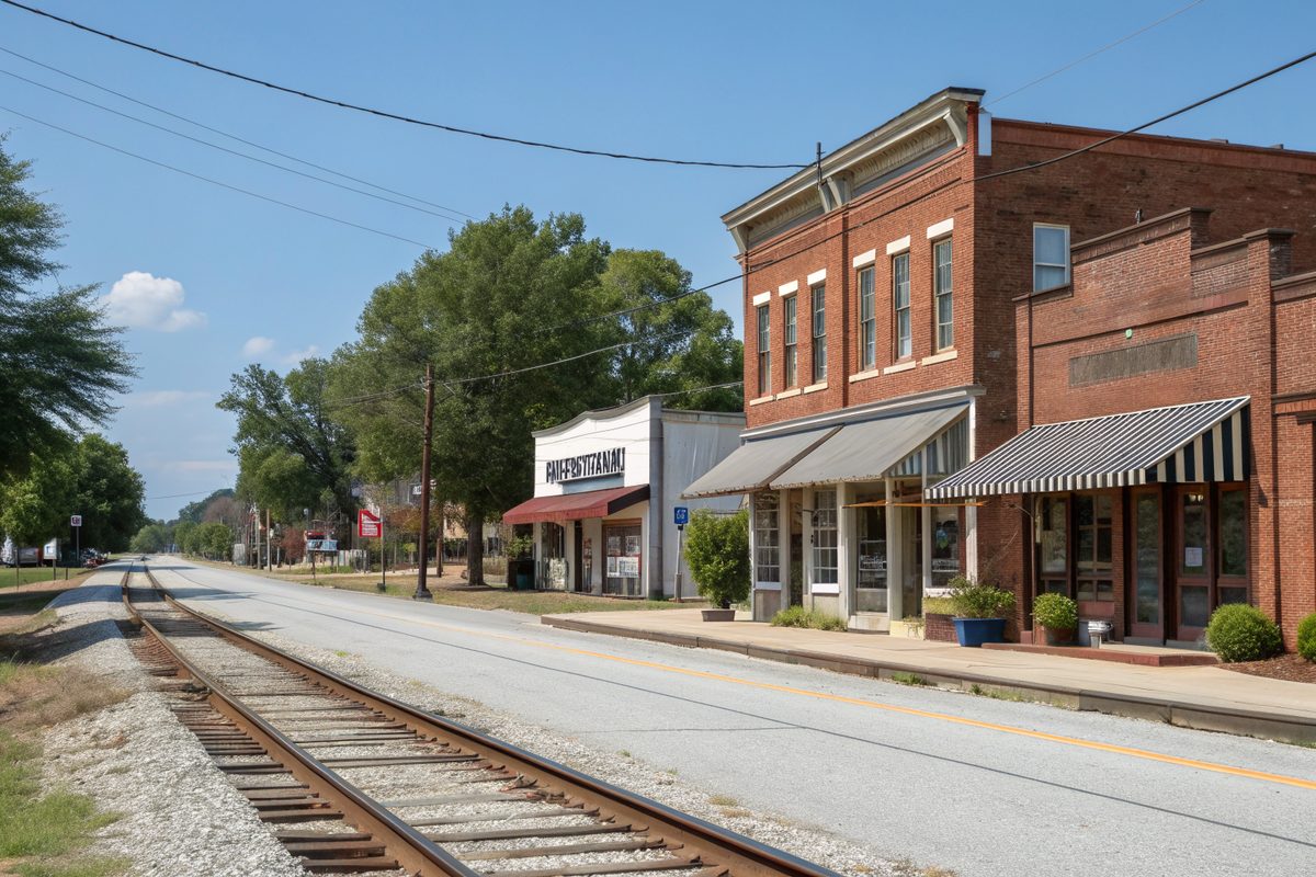 A small railroad-town main street of early 1900s brick storefronts beside the tracks