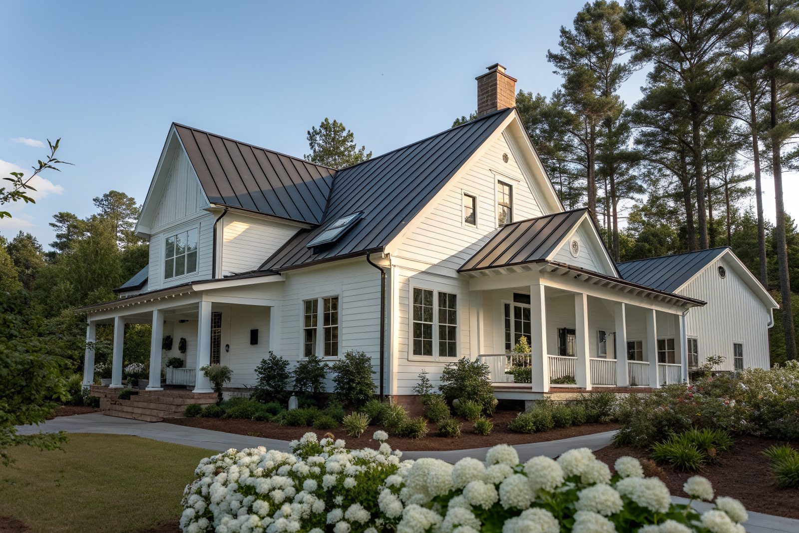 A white cottage with a dark bronze standing-seam metal roof and a front porch