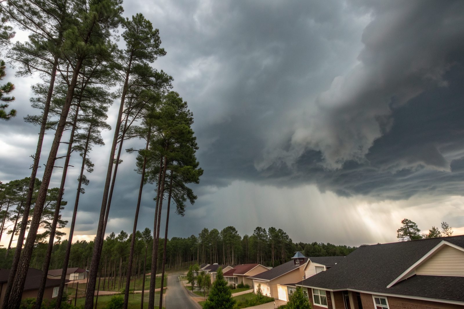 Dark thunderstorm clouds building over tall pines and suburban rooftops