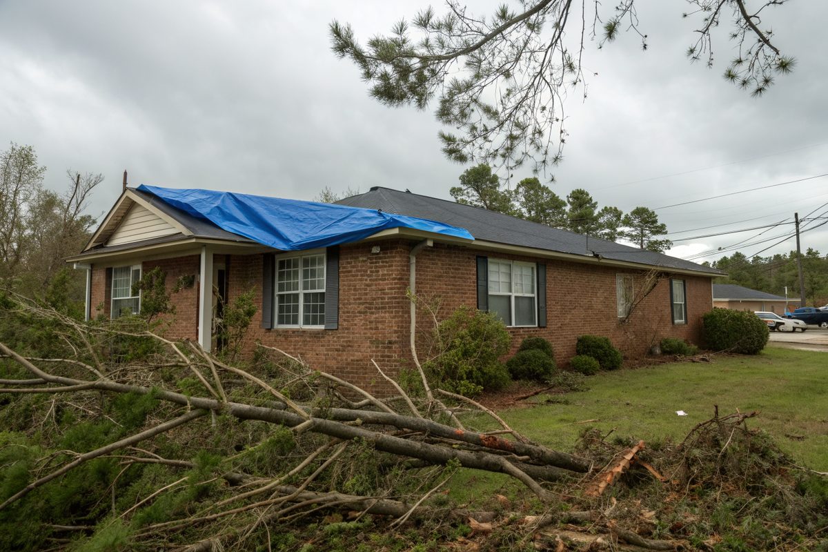 A brick ranch home with a blue tarp over part of its roof and broken pine branches in the yard