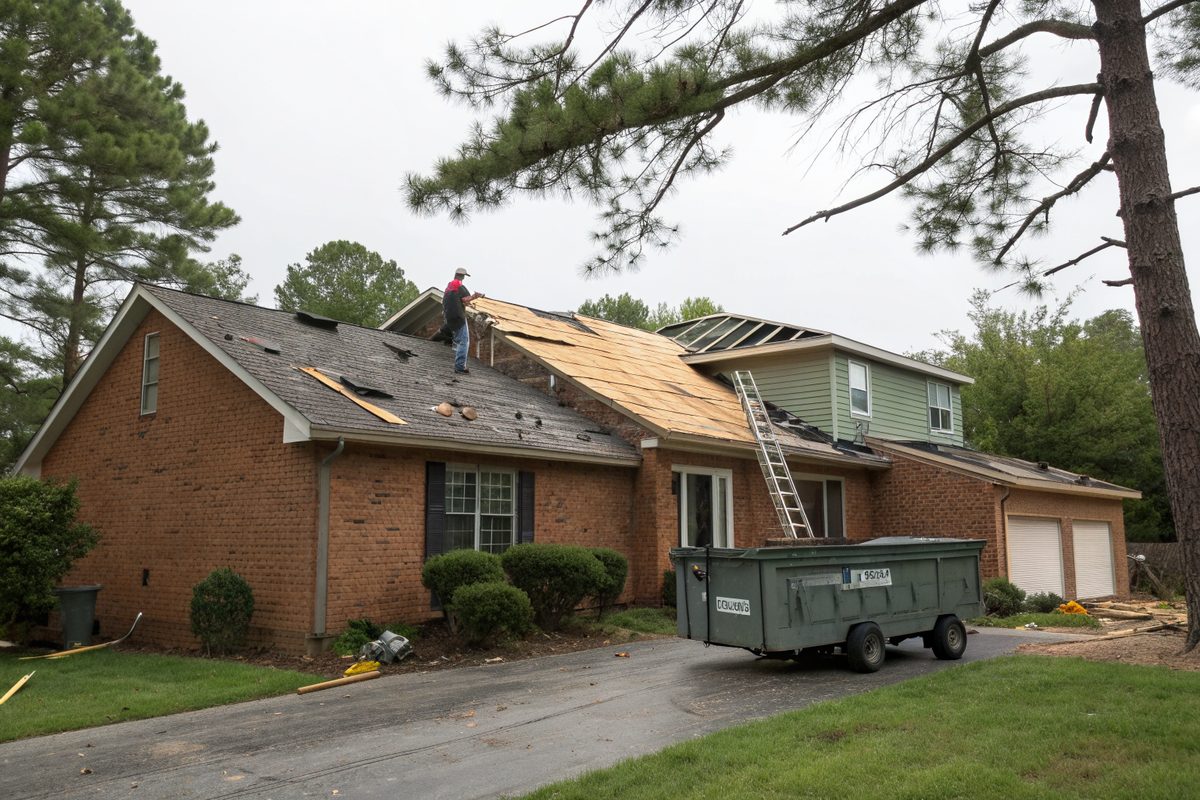 A split-level house mid re-roof with half the roof stripped to the decking and a dumpster in the drive