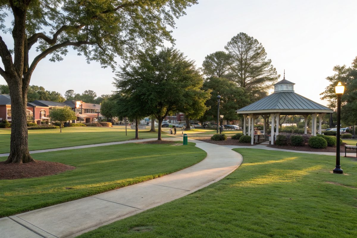 A town green with a lawn, a covered pavilion and shade trees