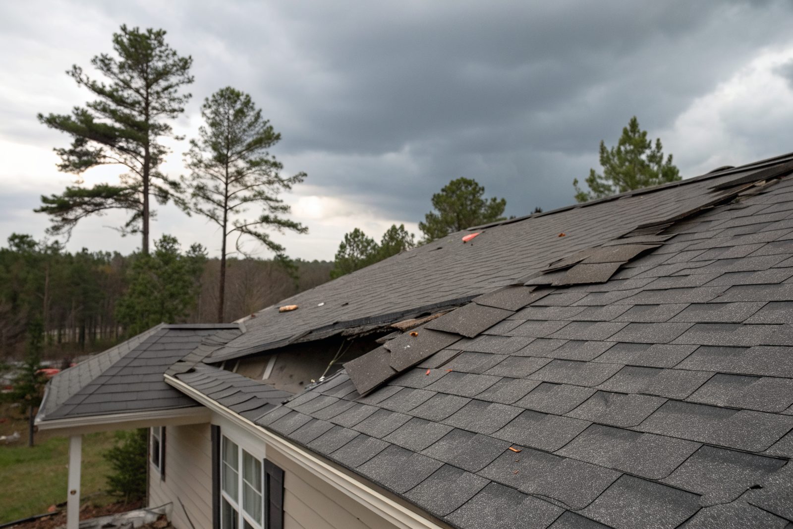 Torn ridge cap and lifted shingles on a roof under a stormy sky